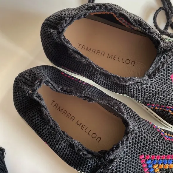 Tamara Mellon Black Sonic-Knit Crochet Tassel Lace sneakers Size 36.5 EU