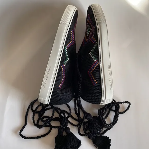 Tamara Mellon Black Sonic-Knit Crochet Tassel Lace sneakers Size 36.5 EU
