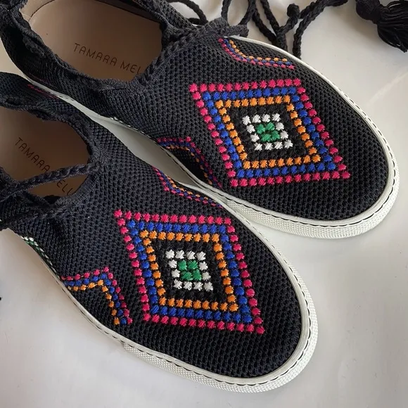 Tamara Mellon Black Sonic-Knit Crochet Tassel Lace sneakers Size 36.5 EU