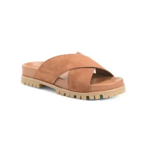 TAMARA MELLON Cognac Made In Spain Suede Dwell Cross Band Sandals