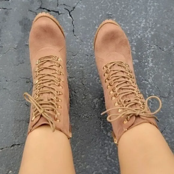 Taupe Lace up Platform Lug Sole Heeled Boots