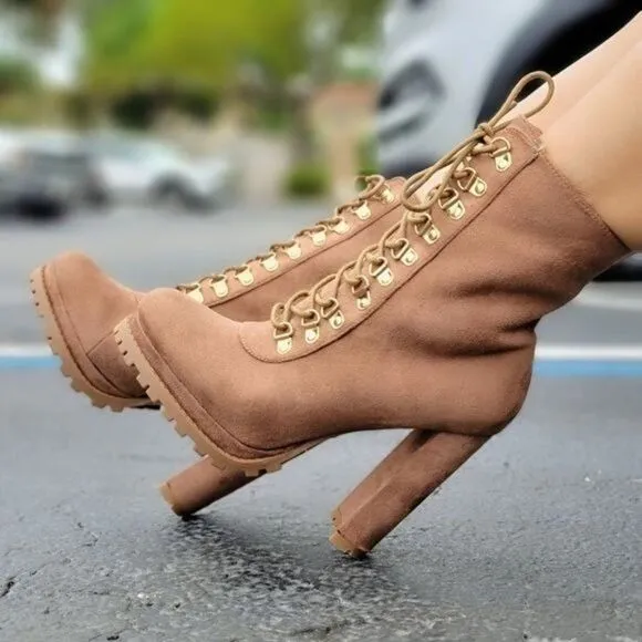 Taupe Lace up Platform Lug Sole Heeled Boots