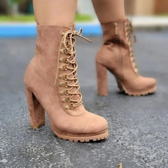 Taupe Lace up Platform Lug Sole Heeled Boots