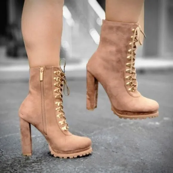 Taupe Lace up Platform Lug Sole Heeled Boots