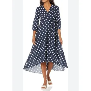 *TAYLOR*Women's 3/4 Sleeve V-Neck Faux Wrap Polka-Dot High-Low Wrap Dress Size M