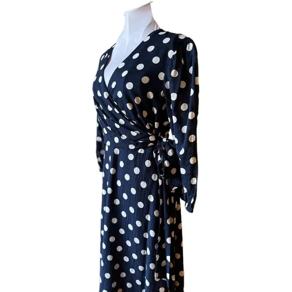 *TAYLOR*Women's 3/4 Sleeve V-Neck Faux Wrap Polka-Dot High-Low Wrap Dress Size M