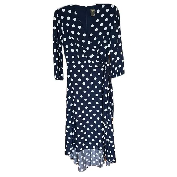 *TAYLOR*Women's 3/4 Sleeve V-Neck Faux Wrap Polka-Dot High-Low Wrap Dress Size M