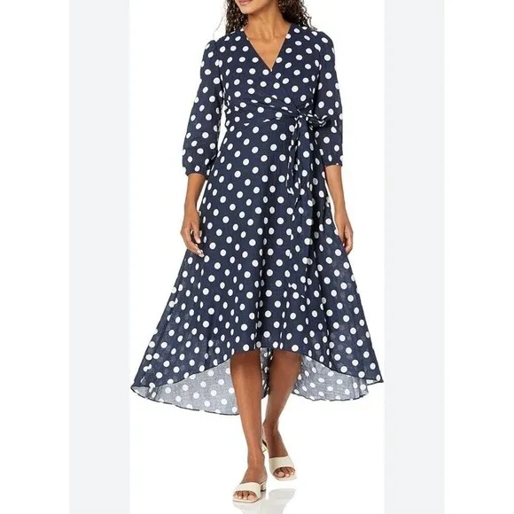 *TAYLOR*Women's 3/4 Sleeve V-Neck Faux Wrap Polka-Dot High-Low Wrap Dress Size M