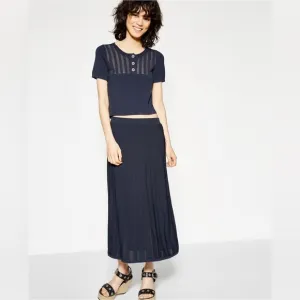 The Kooples Navy Pleated Knit Midi Skirt