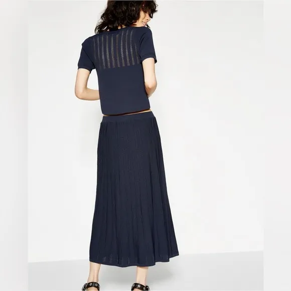 The Kooples Navy Pleated Knit Midi Skirt