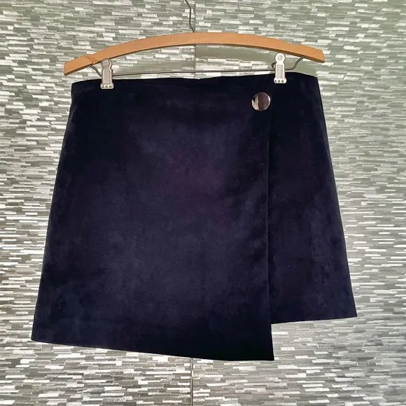 Theory Fulton Faux Suede Brilliant Navy Wrap Mini Skirt NWT Womens Size S