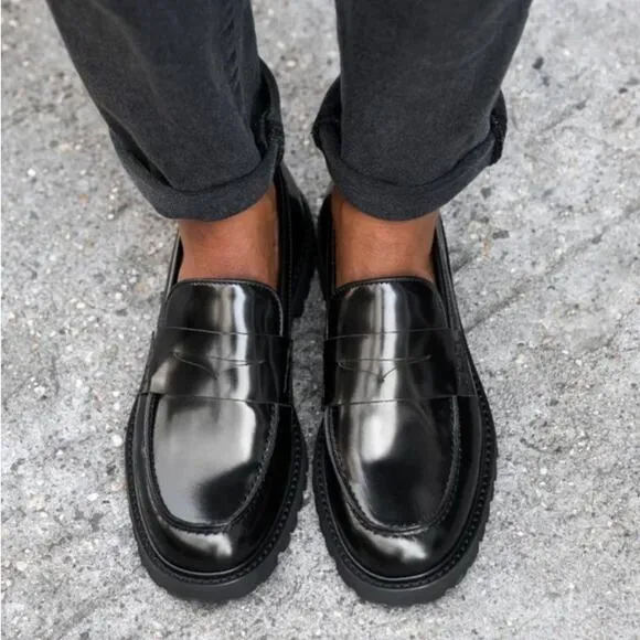 Thursday Penny Platform Black Loafers Patent Leather Shoes Lug Women Size 7.5