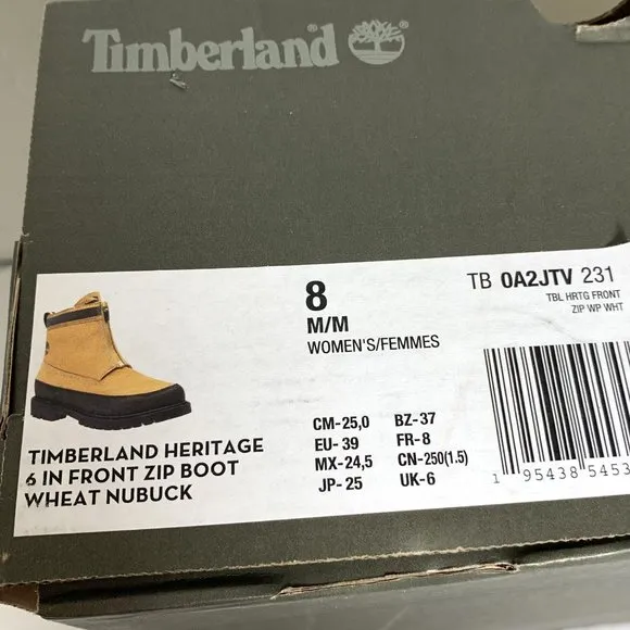 Timberland Heritage Front Zip Boots Leather Wheat Nubuck Booties Size 8 NEW