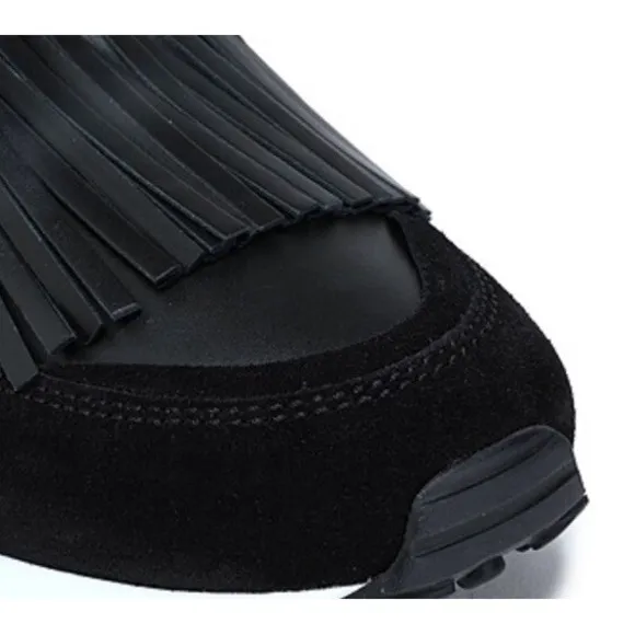 Tod's Women's Sneakers Italy Fringe Studded Slip-On Black Leather Luxe 8  NWOB