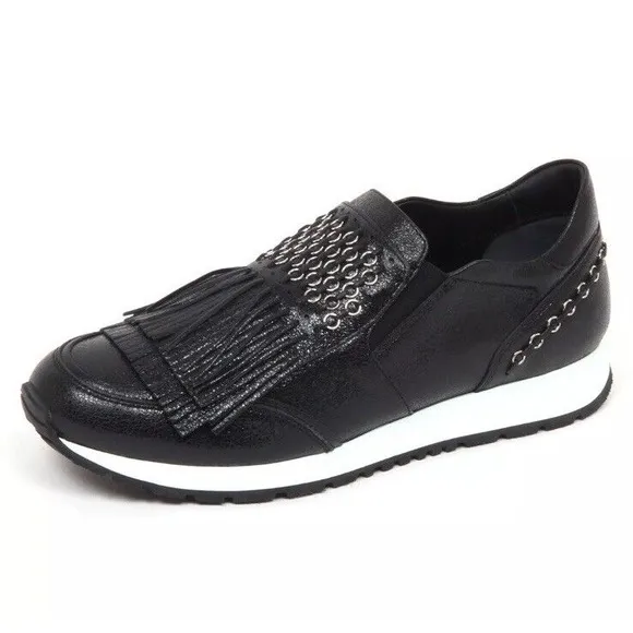 Tod's Women's Sneakers Italy Fringe Studded Slip-On Black Leather Luxe 8  NWOB
