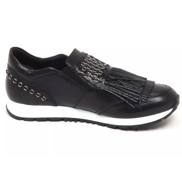 Tod's Women's Sneakers Italy Fringe Studded Slip-On Black Leather Luxe 8  NWOB