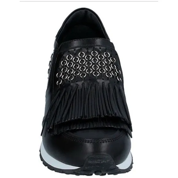 Tod's Women's Sneakers Italy Fringe Studded Slip-On Black Leather Luxe 8  NWOB