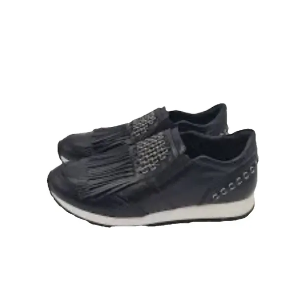 Tod's Women's Sneakers Italy Fringe Studded Slip-On Black Leather Luxe 8  NWOB