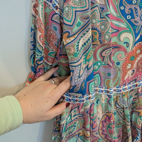 TOLANI Pan Shirtdress L Loose Flowy Mini 100% Cupro Floral Paisley Multi-Colored