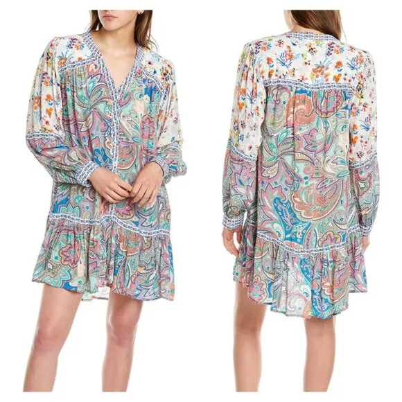 TOLANI Pan Shirtdress L Loose Flowy Mini 100% Cupro Floral Paisley Multi-Colored