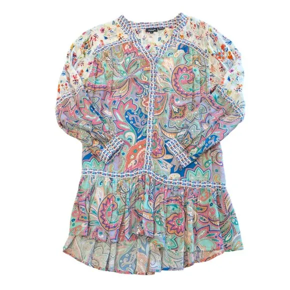 TOLANI Pan Shirtdress L Loose Flowy Mini 100% Cupro Floral Paisley Multi-Colored