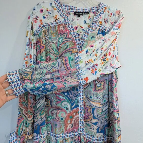 TOLANI Pan Shirtdress L Loose Flowy Mini 100% Cupro Floral Paisley Multi-Colored