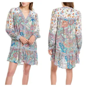 TOLANI Pan Shirtdress L Loose Flowy Mini 100% Cupro Floral Paisley Multi-Colored
