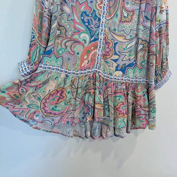 TOLANI Pan Shirtdress L Loose Flowy Mini 100% Cupro Floral Paisley Multi-Colored