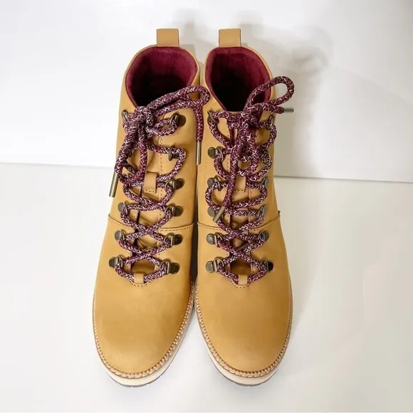 Toms Light Tan Leather Waterproof Lace Up Wedge Melrose Boots Size 9.5 US