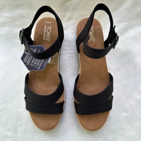 TOMS Louisa Platform Sandal Size 9.5 Black Heavy Canvas OrthoLite NEW