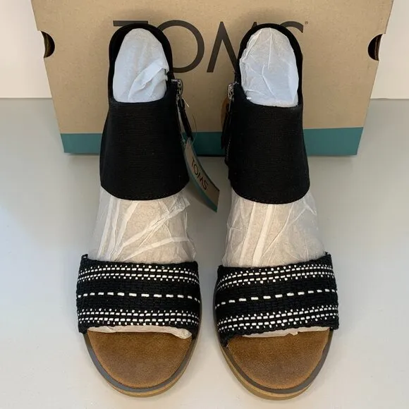 Toms Majorca Cutout Heel Sandals Black Chunky Global Woven Size 10 NEW