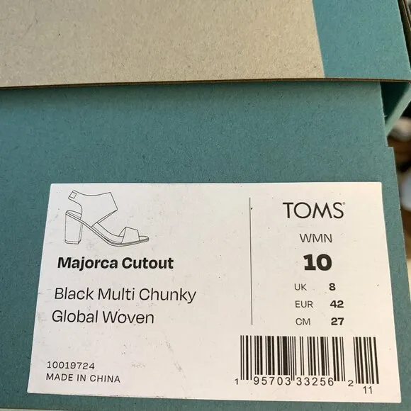 Toms Majorca Cutout Heel Sandals Black Chunky Global Woven Size 10 NEW