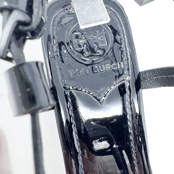 TORY BURCH Black Patent Leather Miller Block Heels Sandals Size 6.5