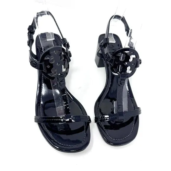 TORY BURCH Black Patent Leather Miller Block Heels Sandals Size 6.5