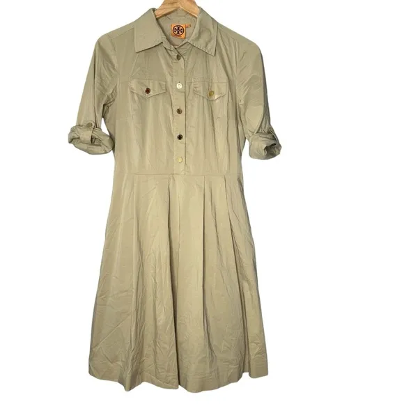 Tory Burch Blythe Khaki Safari Style Shirt Dress Size 6