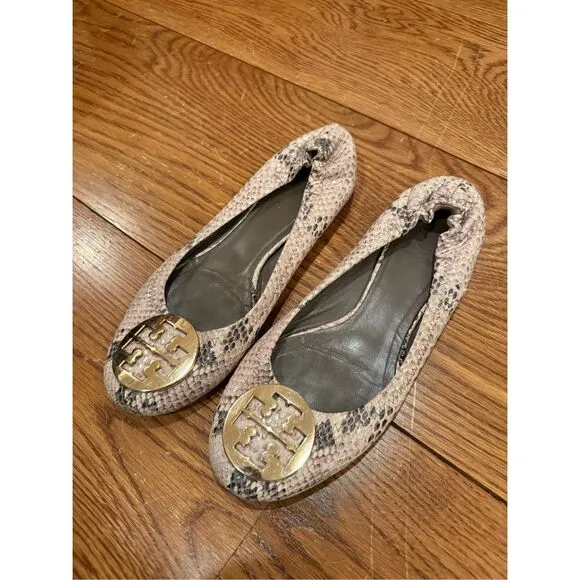 Tory Burch Reva Ballet Flats – Snakeskin Print with Gold Logo Medallion