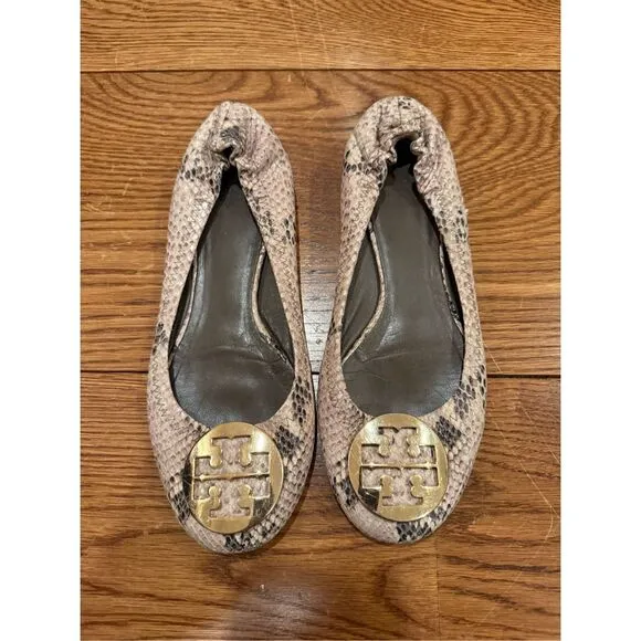 Tory Burch Reva Ballet Flats – Snakeskin Print with Gold Logo Medallion