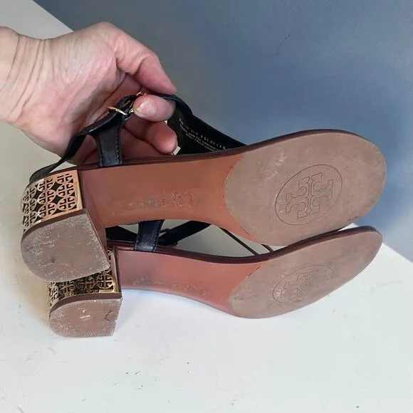 Tory Burch sandals size 8 Audra Leather Logo block heel strappy thong
