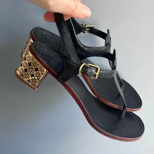 Tory Burch sandals size 8 Audra Leather Logo block heel strappy thong