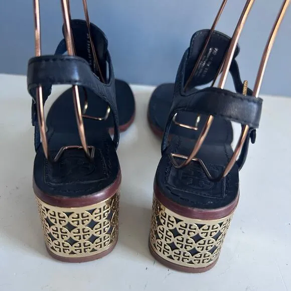 Tory Burch sandals size 8 Audra Leather Logo block heel strappy thong