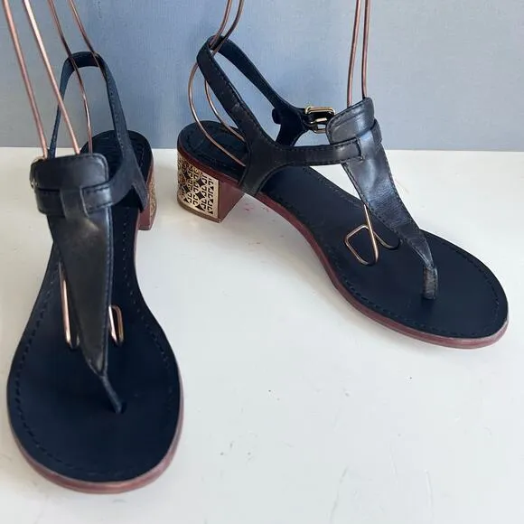 Tory Burch sandals size 8 Audra Leather Logo block heel strappy thong