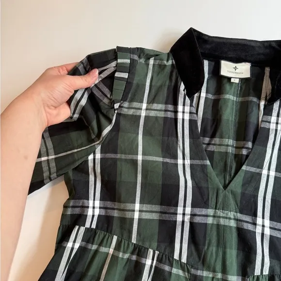 Tuckernuck Bristol Midi Dress Large L Tartan Tiered Velour Trim Holiday Party