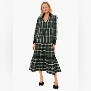 Tuckernuck Bristol Midi Dress Large L Tartan Tiered Velour Trim Holiday Party
