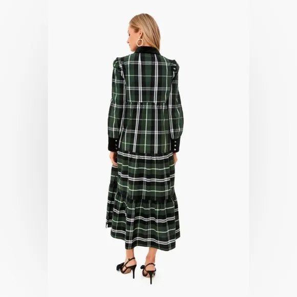 Tuckernuck Bristol Midi Dress Large L Tartan Tiered Velour Trim Holiday Party