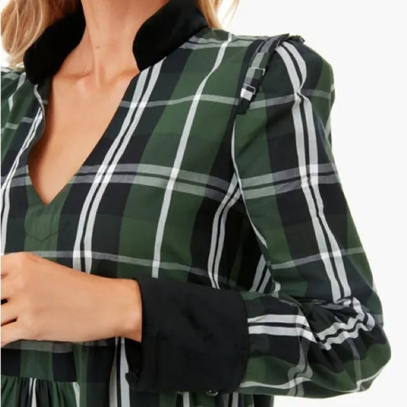 Tuckernuck Bristol Midi Dress Large L Tartan Tiered Velour Trim Holiday Party