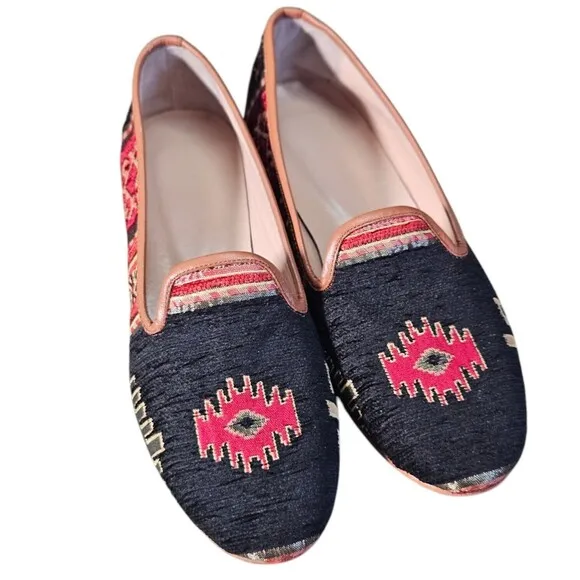 Turkish Kilim Wool Embroidered Carpet Loafers Shoes Women's 9 Indie Boho Art