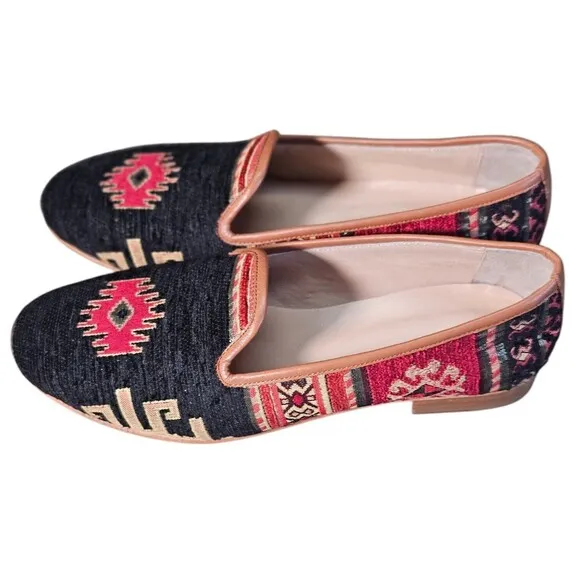 Turkish Kilim Wool Embroidered Carpet Loafers Shoes Women's 9 Indie Boho Art