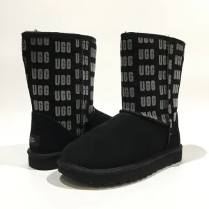 UGG CLASSIC SHORT II UGG LOGO GRAPHIC BOOTS -BLACK SUEDE -WOMEN US 7 -NEW