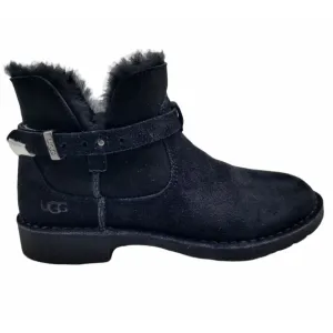 UGG Elisa Black Suede Sheepskin Shearling Ankle Buckle Women Boots Size 6