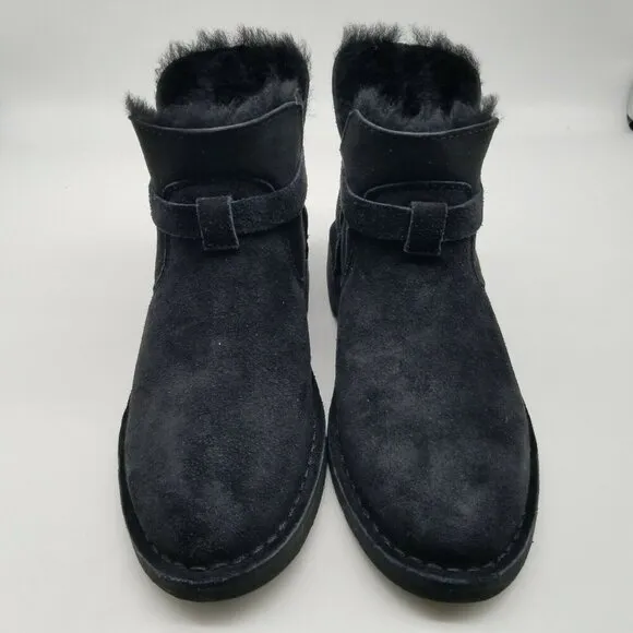 UGG Elisa Black Suede Sheepskin Shearling Ankle Buckle Women Boots Size 6